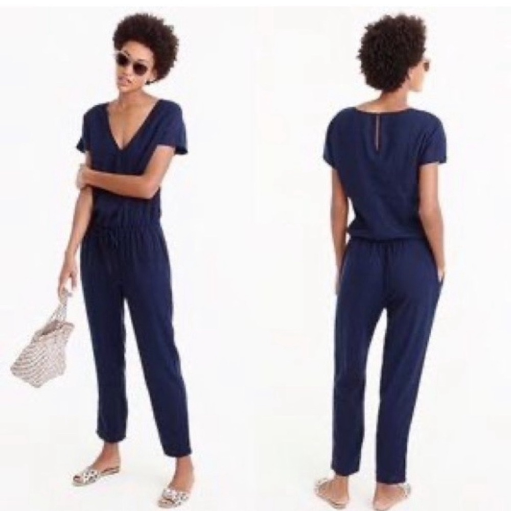 J. Crew Navy Blue Linen Blend Jumpsuit Size XS Relaxed Short Sleeve V Neck